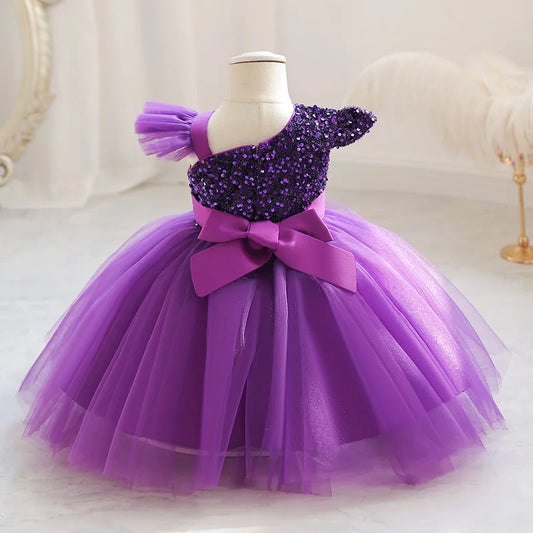 Vestido de tul morado con lentejuelas y un hombro al descubierto con lazo para niñas 