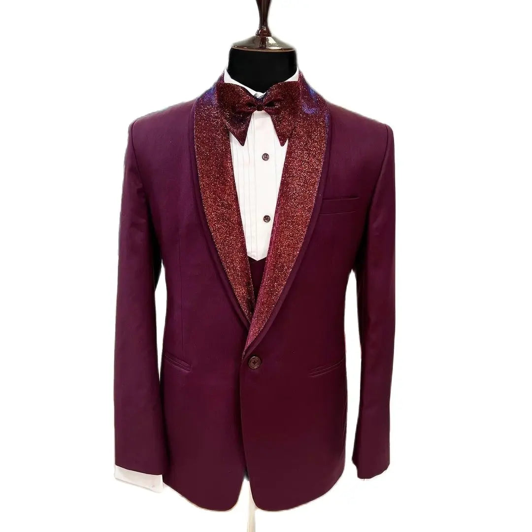 Elegant Burgundy 3-Piece Men's Suit with Shiny Lapel, Perfect for Weddings, Formal Events, and Proms - Tailcoat, Trousers & Vest Set