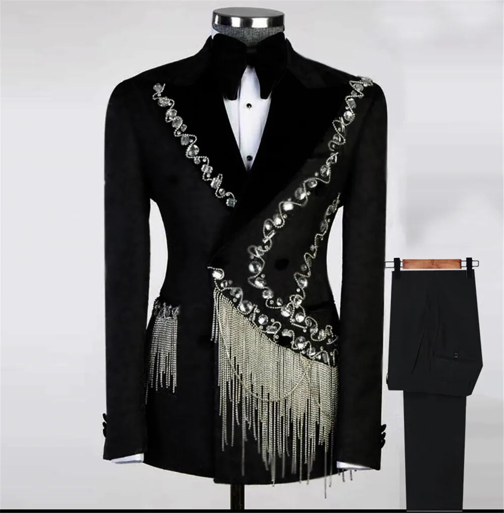 Costume homme 2 pièces, veste et pantalon à perles et cristaux, smoking de marié sur mesure, croisé, pour bal de promo, pour homme