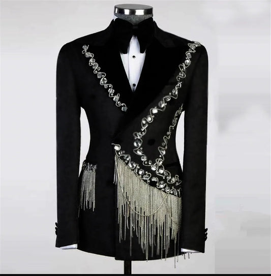 Male Fashion Suits Crystals Beading Jacket Pants 2 Pieces Groom Tuxedo Tailor-made Double Breated Business Prom Blazer Men Dress