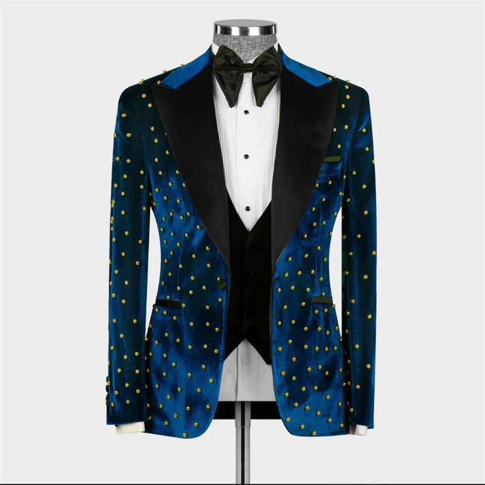 Trajes de terciopelo para hombre con perlas doradas hechas a mano, esmoquin de novio para boda, solapa de pico negra, conjunto de 3 piezas de blazer formal para graduación.