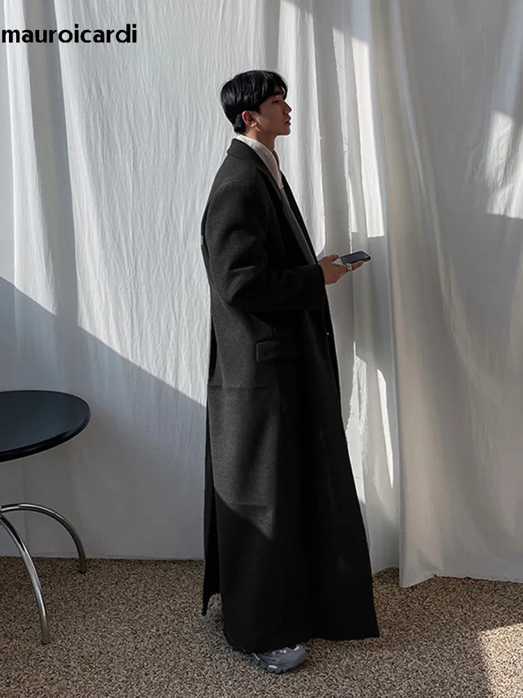 Mauroicardi - Abrigo de mezcla de lana extra largo, cálido, negro, holgado, informal, para hombre, de lujo, largo hasta el suelo, para otoño e invierno 