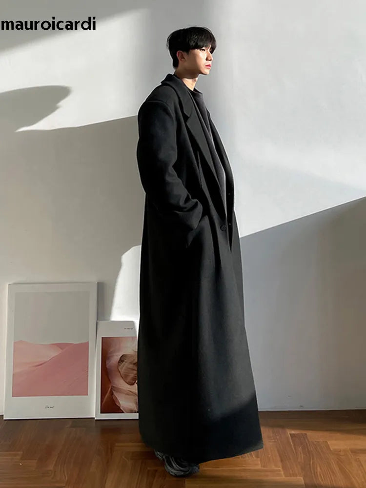 Mauroicardi - Abrigo de mezcla de lana extra largo, cálido, negro, holgado, informal, para hombre, de lujo, largo hasta el suelo, para otoño e invierno 