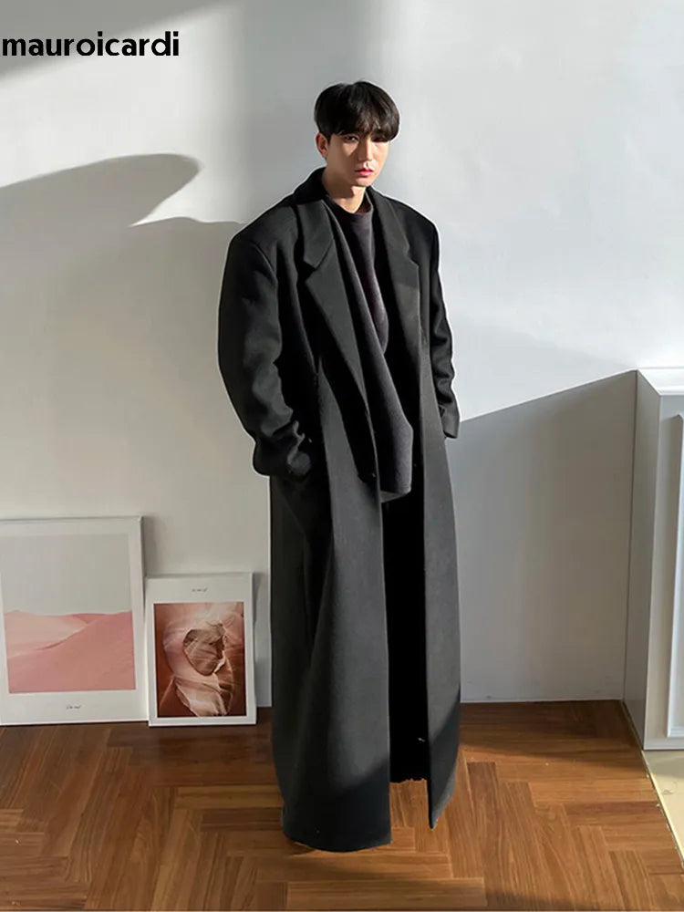Mauroicardi - Abrigo de mezcla de lana extra largo, cálido, negro, holgado, informal, para hombre, de lujo, largo hasta el suelo, para otoño e invierno 