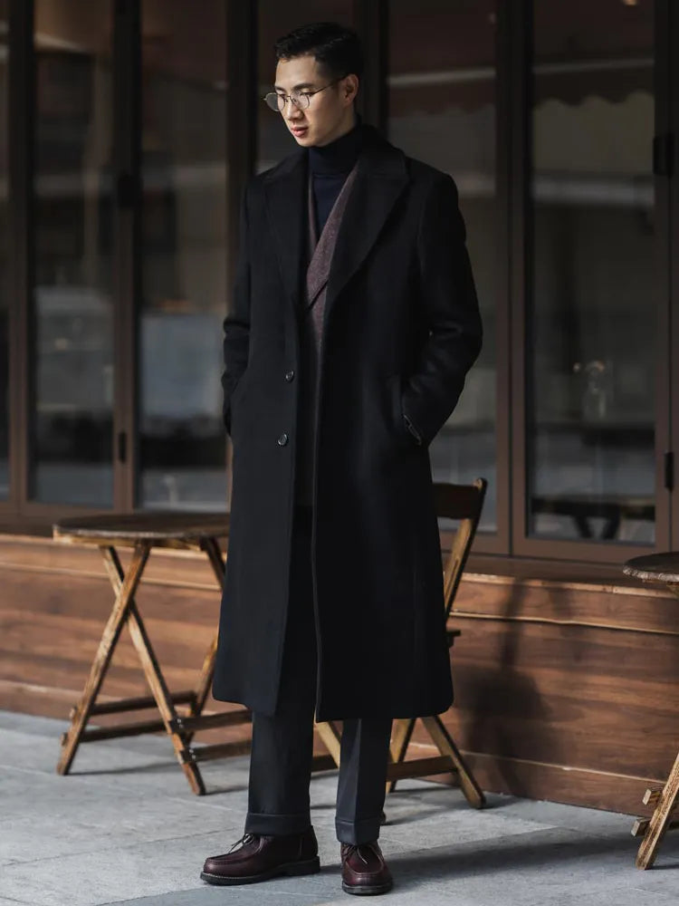 Mauroicardi Autumn Winter Long Warm Black Trench Coat Men Single Breasted Luxury Wool Blends Overcoat