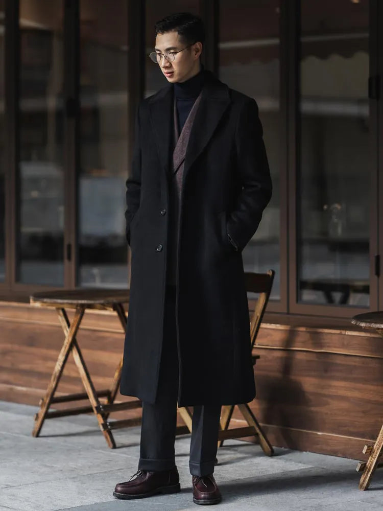 Mauroicardi - Gabardina larga negra cálida para hombre, otoño-invierno, de un solo pecho, de mezcla de lana de lujo 