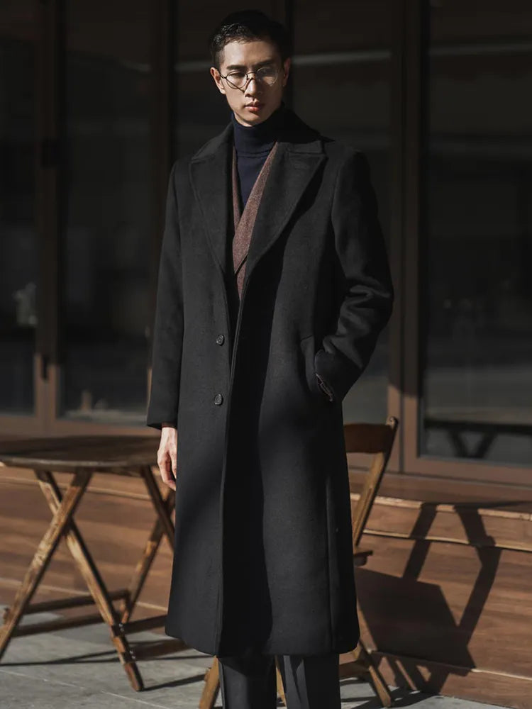 Mauroicardi - Gabardina larga negra cálida para hombre, otoño-invierno, de un solo pecho, de mezcla de lana de lujo 