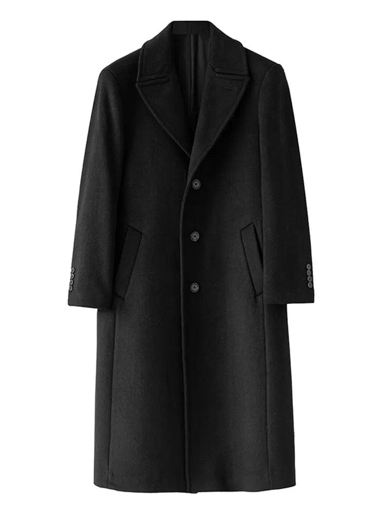 Mauroicardi - Gabardina larga negra cálida para hombre, otoño-invierno, de un solo pecho, de mezcla de lana de lujo 