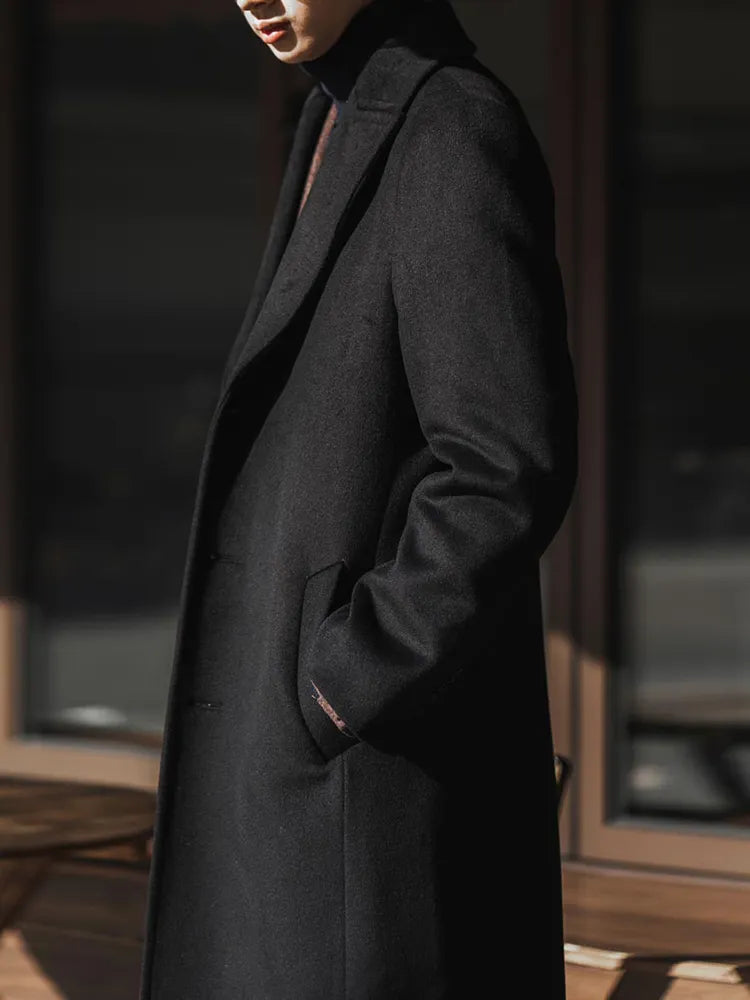 Mauroicardi - Gabardina larga negra cálida para hombre, otoño-invierno, de un solo pecho, de mezcla de lana de lujo 