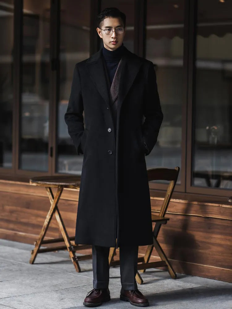 Mauroicardi - Gabardina larga negra cálida para hombre, otoño-invierno, de un solo pecho, de mezcla de lana de lujo 