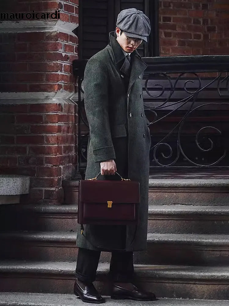 Manteau long et chaud vert pour homme, style anglais, croisé, en laine mélangée, collection automne-hiver 