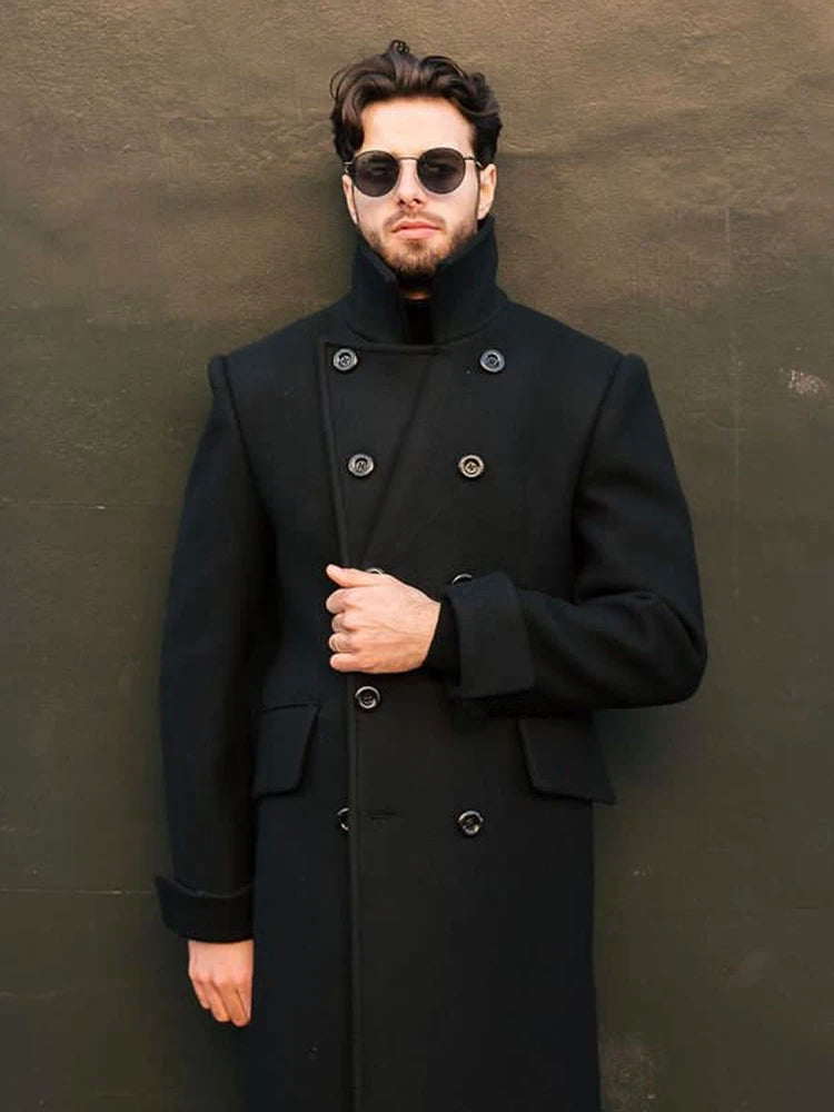 Manteau long et chaud vert pour homme, style anglais, croisé, en laine mélangée, collection automne-hiver 
