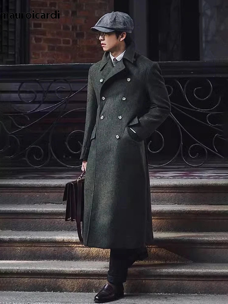 Manteau long et chaud vert pour homme, style anglais, croisé, en laine mélangée, collection automne-hiver 