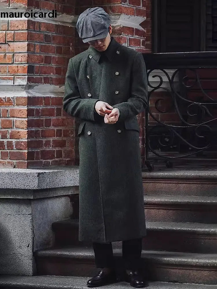 Manteau long et chaud vert pour homme, style anglais, croisé, en laine mélangée, collection automne-hiver 
