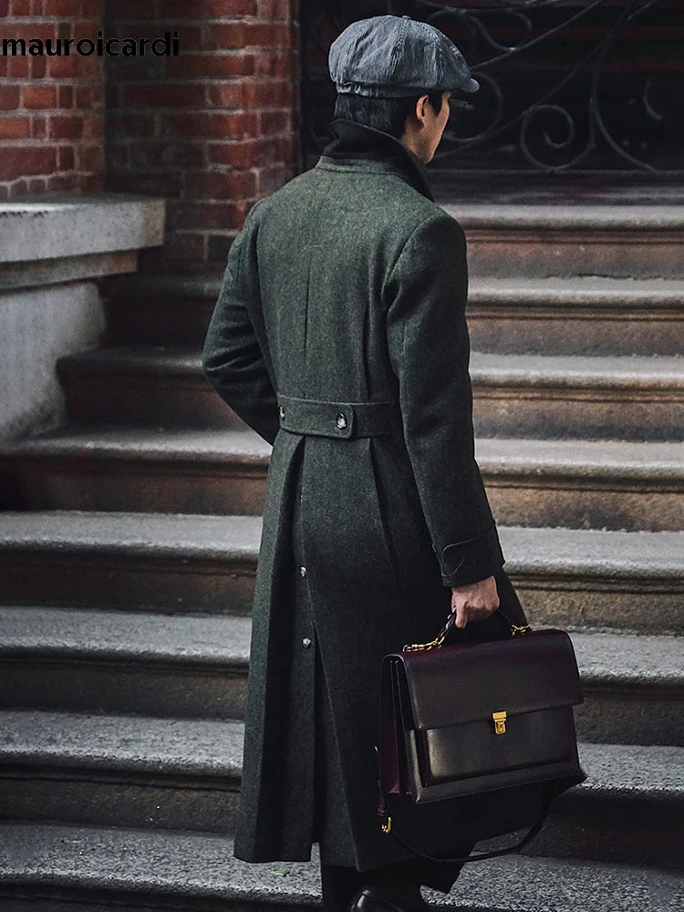 Manteau long et chaud vert pour homme, style anglais, croisé, en laine mélangée, collection automne-hiver 