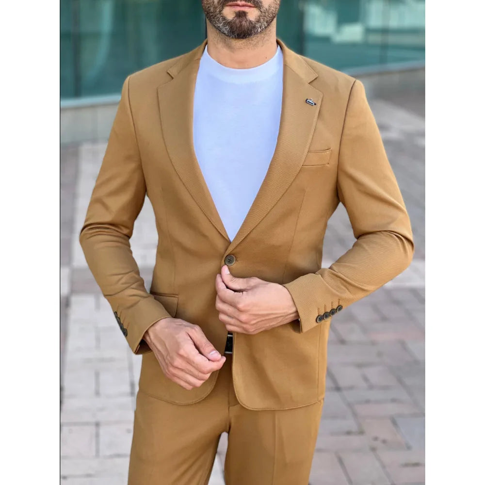 Traje de hombre, blazer, traje de Terno, traje de fiesta regular, caqui, botonadura sencilla, solapa con muesca, chaqueta de dos piezas, pantalones, corte entallado 