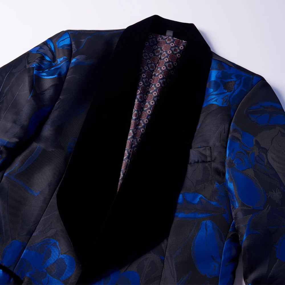 Blazer à revers en jacquard à fleurs bleues pour homme, veste de costume à la mode, coupe cintrée, style sauvage
