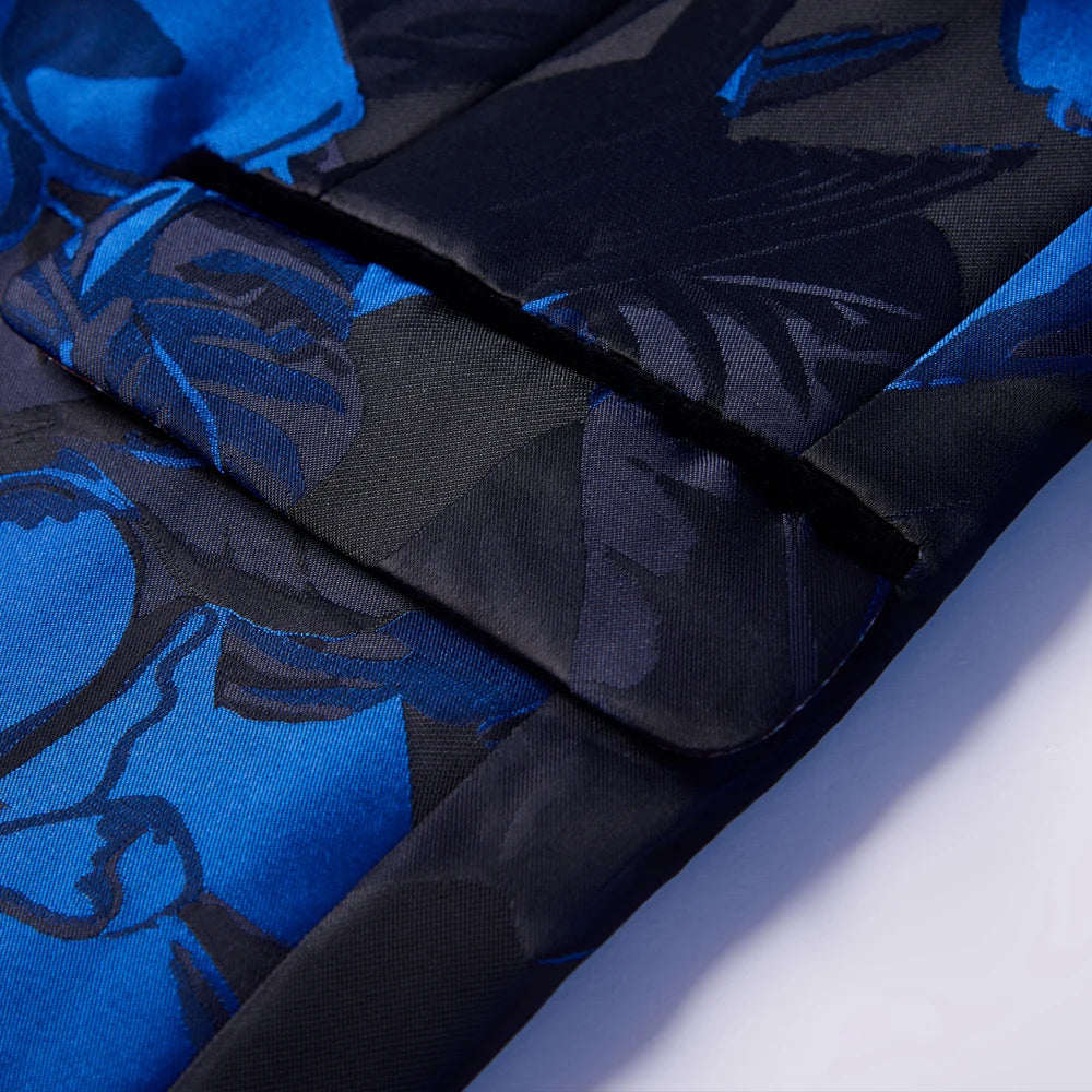 Blazer à revers en jacquard à fleurs bleues pour homme, veste de costume à la mode, coupe cintrée, style sauvage