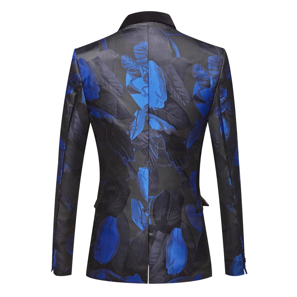 Blazer à revers en jacquard à fleurs bleues pour homme, veste de costume à la mode, coupe cintrée, style sauvage