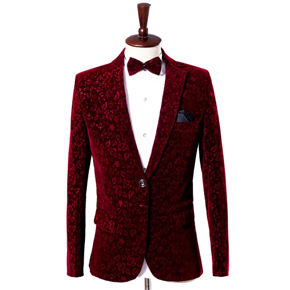 Men Burgundy Velvet Suit Jacket for Wedding Blazer Prom Men's Suits with Pants Formal Banquet Chorus Dress