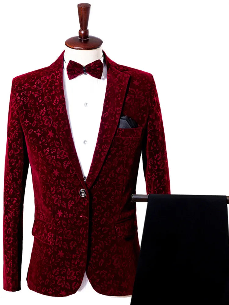 Men Burgundy Velvet Suit Jacket for Wedding Blazer Prom Men's Suits with Pants Formal Banquet Chorus Dress