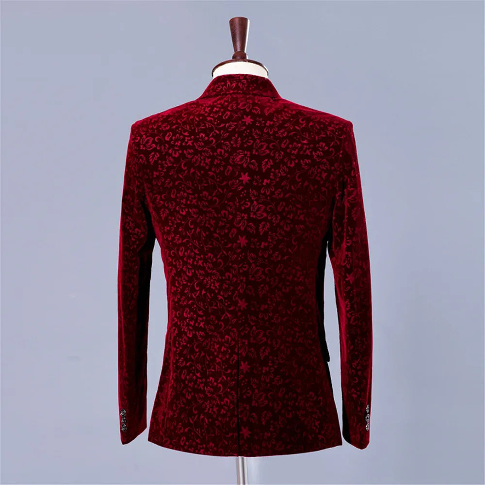 Men Burgundy Velvet Suit Jacket for Wedding Blazer Prom Men's Suits with Pants Formal Banquet Chorus Dress