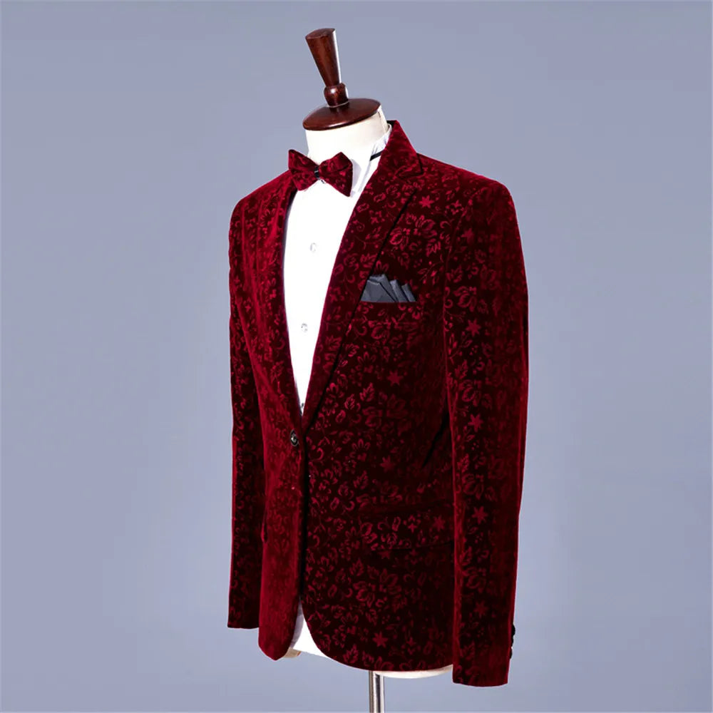 Men Burgundy Velvet Suit Jacket for Wedding Blazer Prom Men's Suits with Pants Formal Banquet Chorus Dress