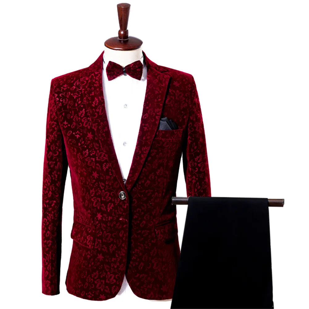 Men Burgundy Velvet Suit Jacket for Wedding Blazer Prom Men's Suits with Pants Formal Banquet Chorus Dress