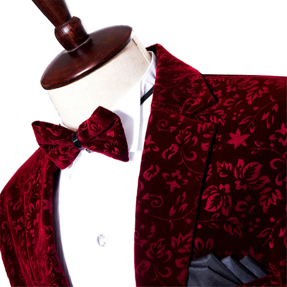 Men Burgundy Velvet Suit Jacket for Wedding Blazer Prom Men's Suits with Pants Formal Banquet Chorus Dress