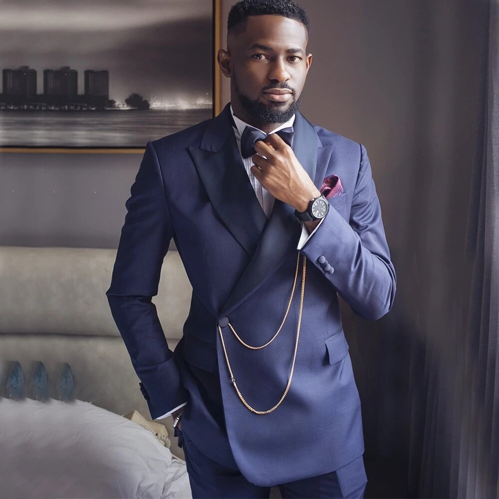 Men Costume Formal Dresses Navy Blue Wedding Suits Pants Slim Fitted Groom Blazer Sets