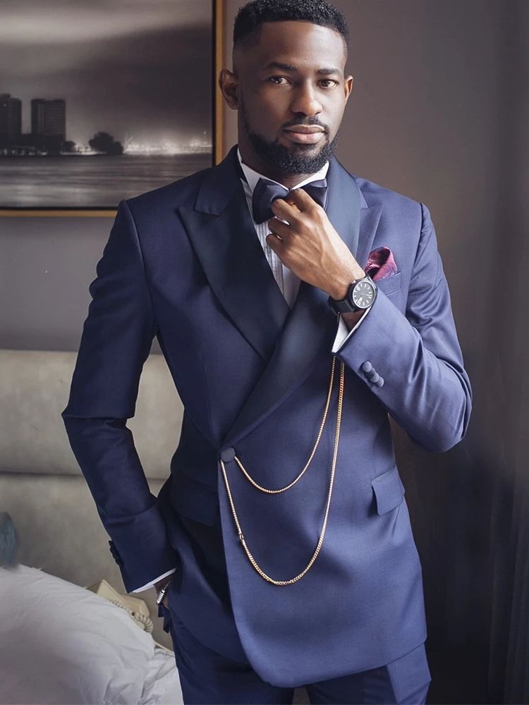 Men Costume Formal Dresses Navy Blue Wedding Suits Pants Slim Fitted Groom Blazer Sets