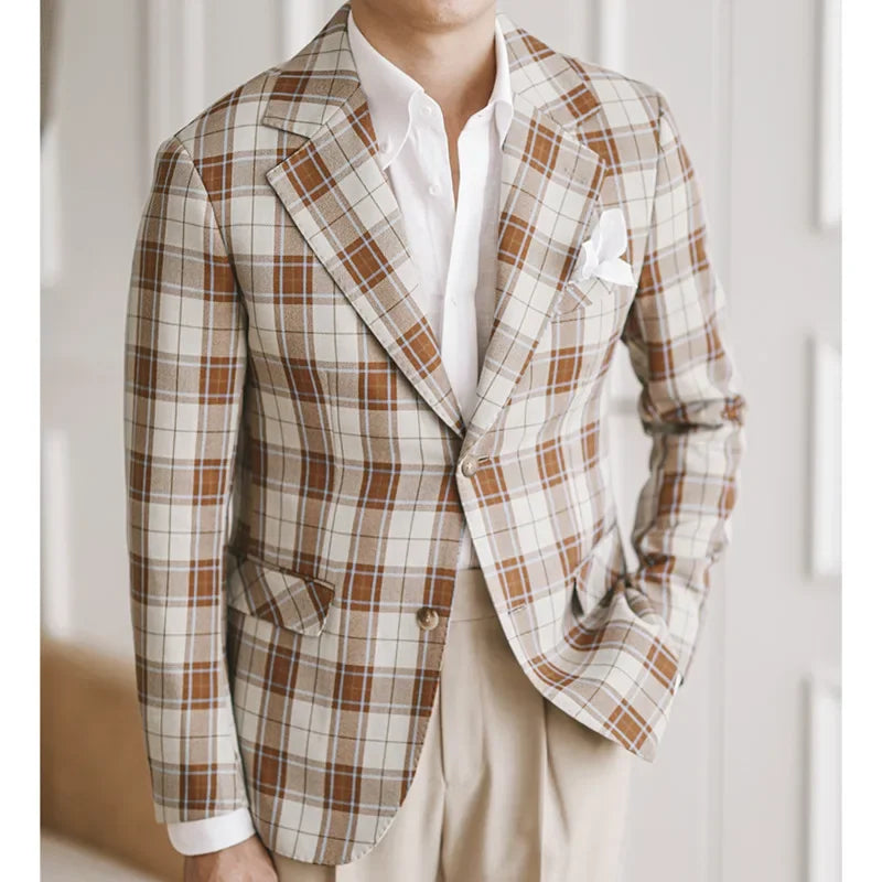 Men's Brown and White Plaid Blazer Single-Breasted Two-Button Casual Jacket