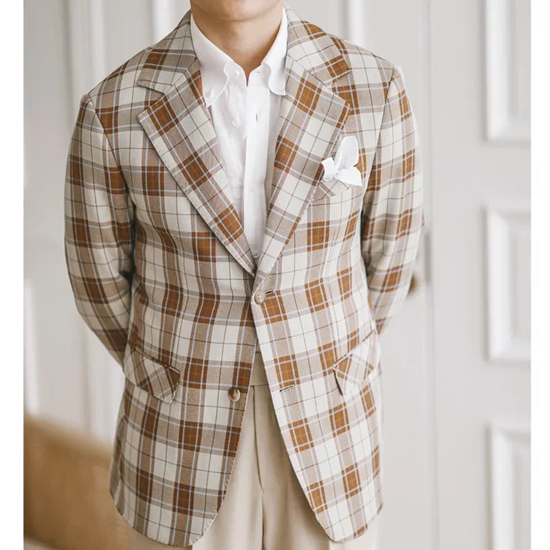 Men's Brown and White Plaid Blazer Single-Breasted Two-Button Casual Jacket