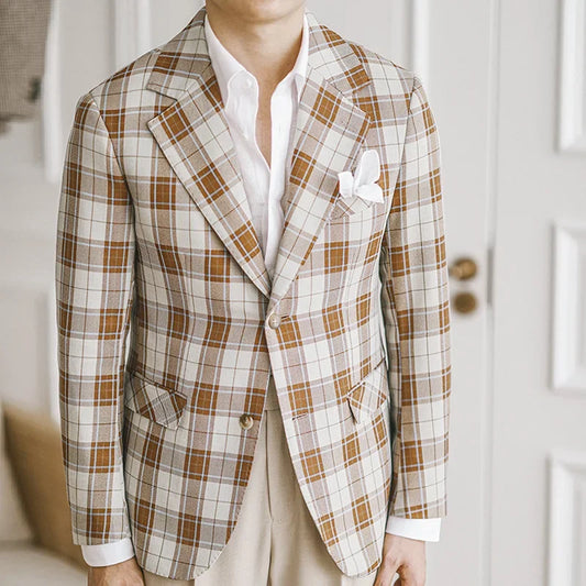 Men's Brown and White Plaid Blazer Single-Breasted Two-Button Casual Jacket