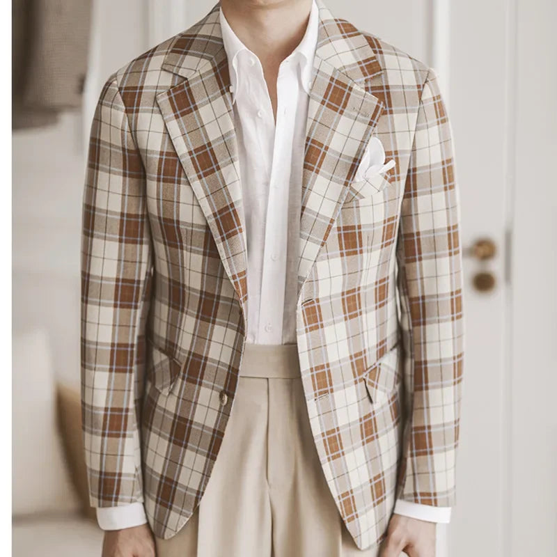 Men's Brown and White Plaid Blazer Single-Breasted Two-Button Casual Jacket