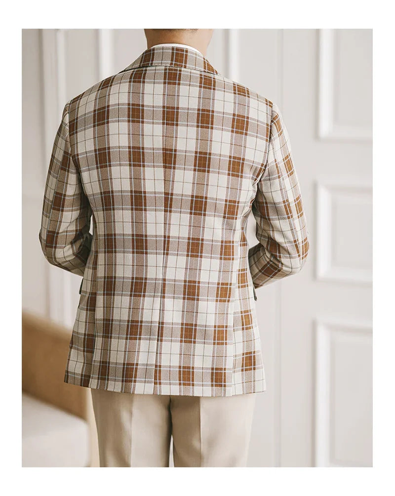 Men's Brown and White Plaid Blazer Single-Breasted Two-Button Casual Jacket