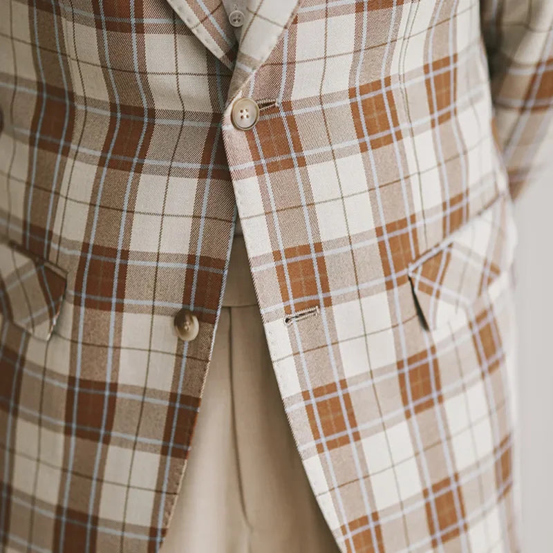 Men's Brown and White Plaid Blazer Single-Breasted Two-Button Casual Jacket