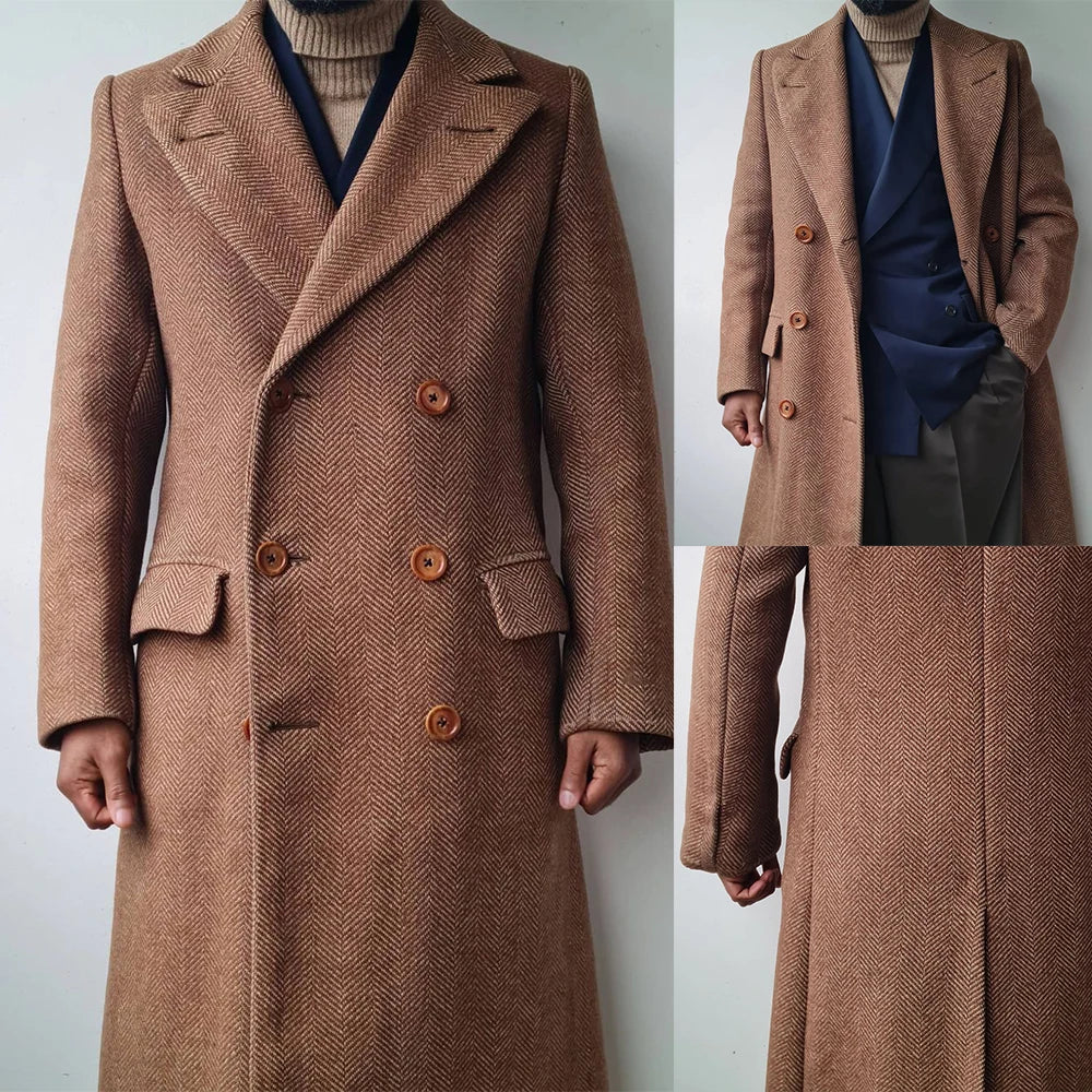 Men Long Coat Overcoat Herringbone Dark Brown Gentlemen Double Breasted Warm Woolen Blend Business Causal Daily Tailored