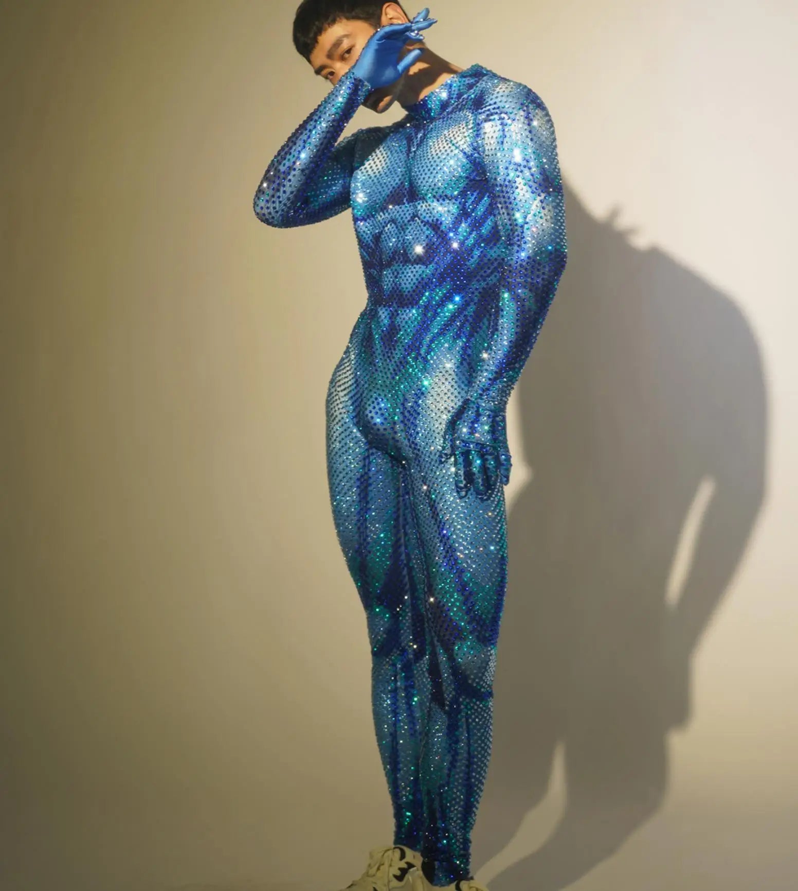 Combinaison intégrale à strass bleu scintillant pour homme – Tenue de DJ sexy en boîte de nuit, costume de danse élastique 