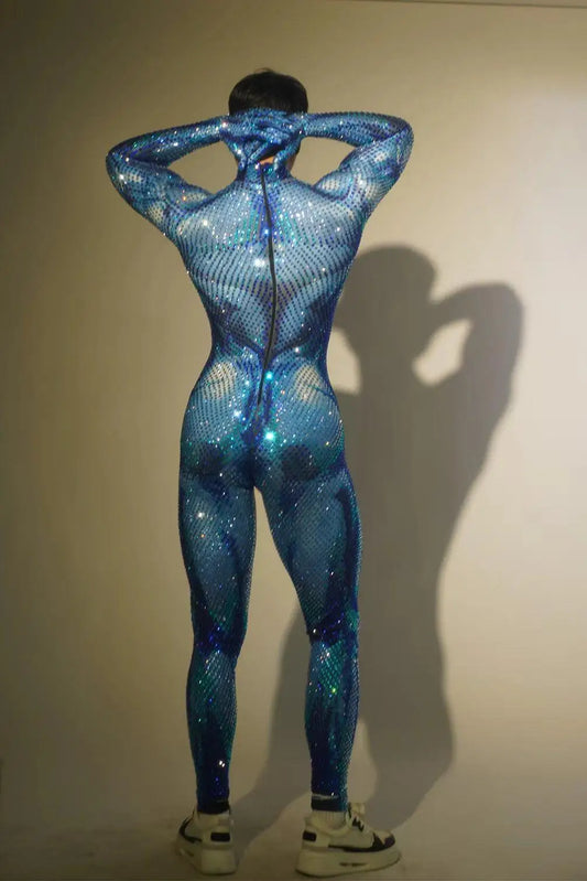 Combinaison intégrale à strass bleu scintillant pour homme – Tenue de DJ sexy en boîte de nuit, costume de danse élastique 