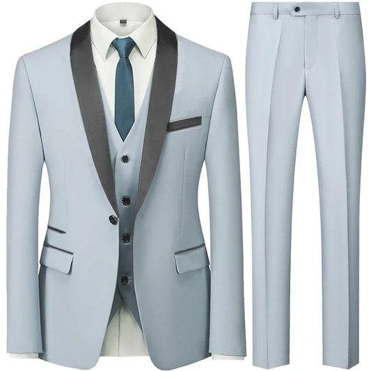 Men  Color Block Collar Suits Jacket Trousers Waistcoat Male Business Casual Wedding Blazers Coat Vest Pants 3 Pieces Set