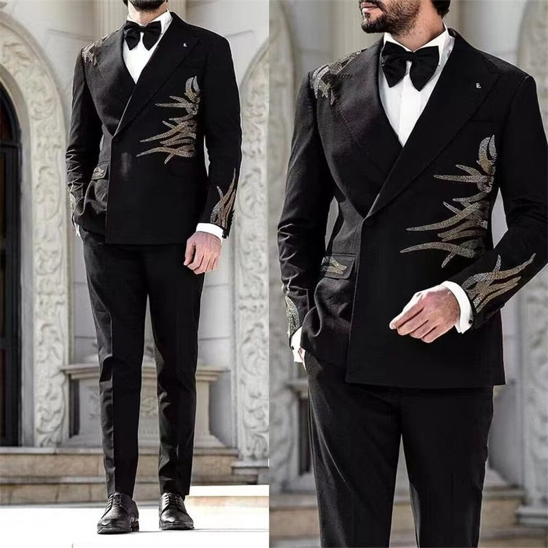 Ensemble de costumes pour hommes, veste blazer, 2 pièces, smoking de mariage perlé, robe de bal, bureau, manteau d'affaires, veste sur mesure, pantalon 