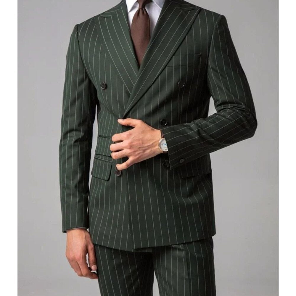 Ensembles de blazers pour hommes, costumes à rayures vert armée, vestes, slim, grande taille, smoking croisé de luxe 