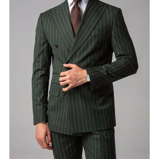 Men's Clothing Blazer Sets Army Green Stripe Suits Jackets Slim Plus Size Luxury Double Breasted Tuxedo