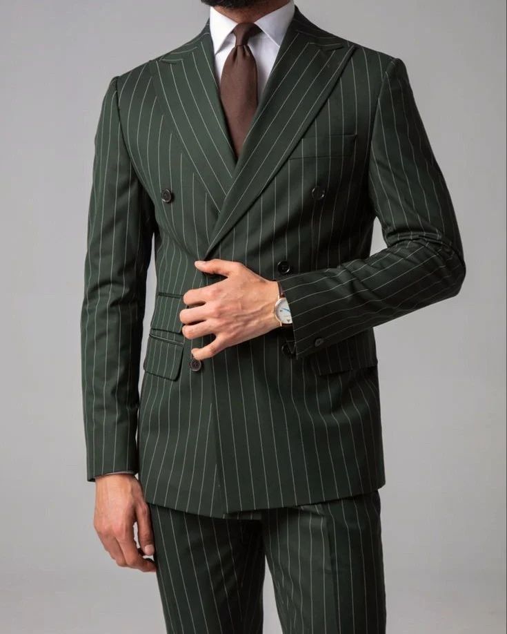 Ensembles de blazers pour hommes, costumes à rayures vert armée, vestes, slim, grande taille, smoking croisé de luxe 