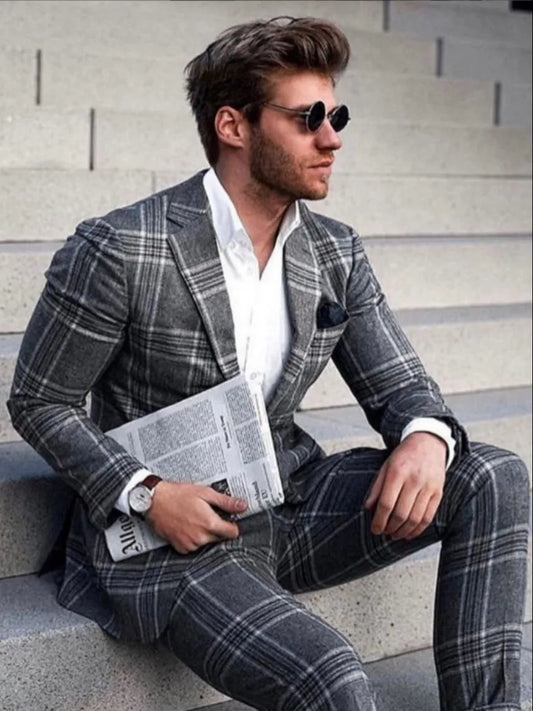 Men'S Suits Black Plaid Single-breasted Suits Slim Fit Business Wedding Groom Tuxedos for Formal Causal Suit Jacket+Pant 2Pcs