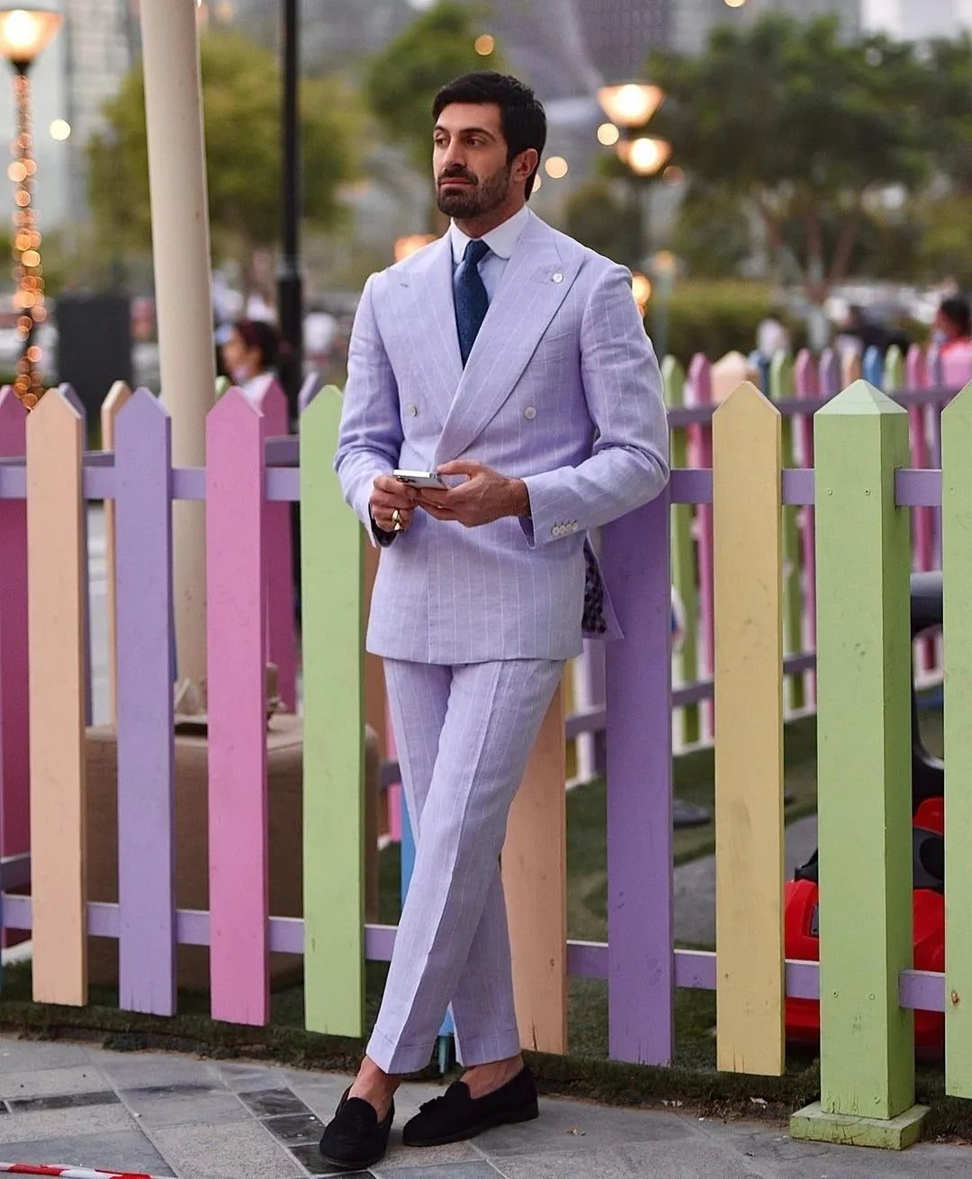 Costume 2 pièces pour homme, coupe slim, violet, rayé, smoking croisé, sur mesure, pour mariage, formel, affaires, décontracté