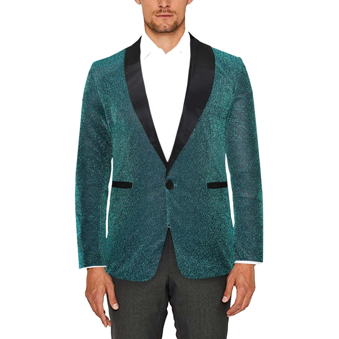 Blazer ajustado con lentejuelas deslumbrantes para hombre con solapa de satén para eventos de moda y presentaciones en el escenario.