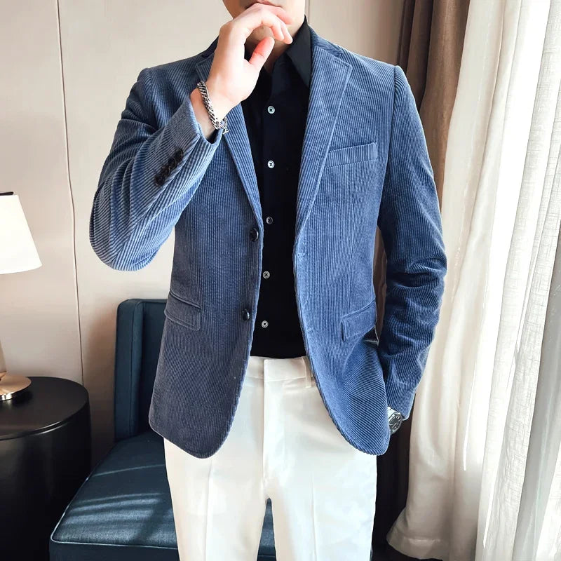 Blazer de pana azul para hombre, chaqueta informal de botonadura sencilla