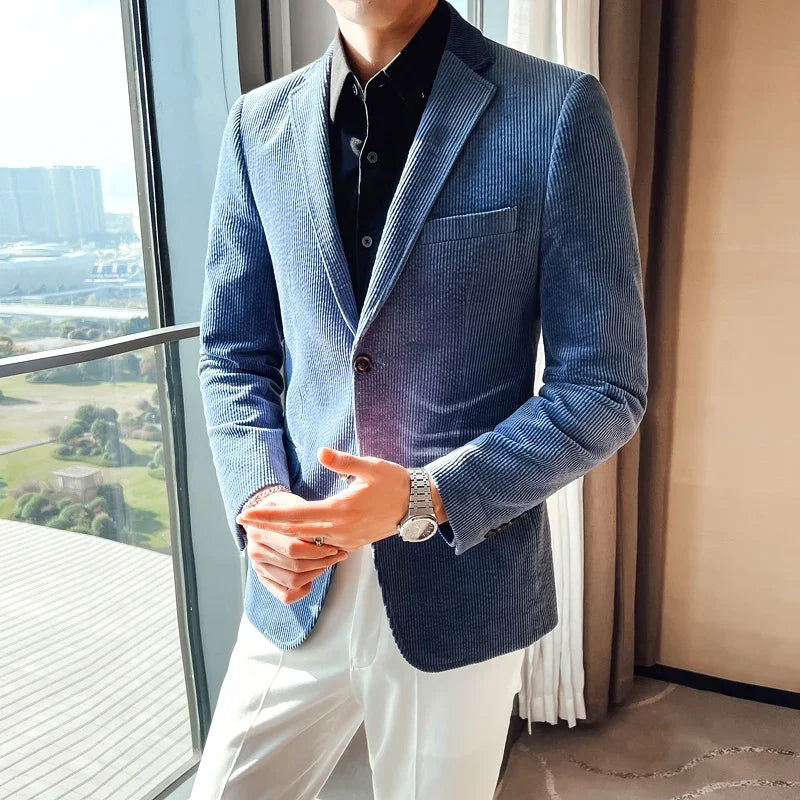 Blazer de pana azul para hombre, chaqueta informal de botonadura sencilla